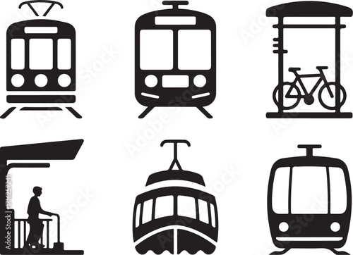 Modern transit icons: train, tram, bus stop, waiting