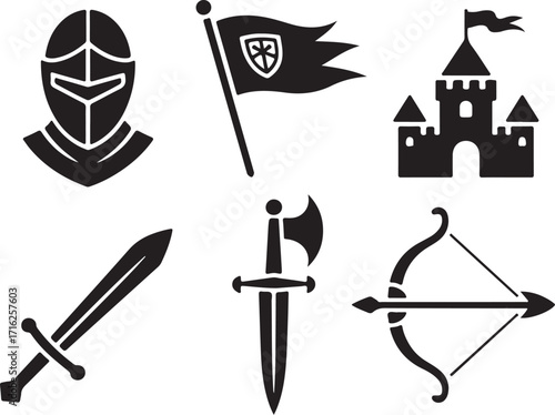 Medieval knight icons castle sword axe bow flag shield