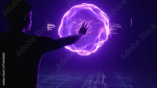 Experience a stunning holographic display as a figure interacts with a mesmerizing purple sphere, unlocking new digital realms.