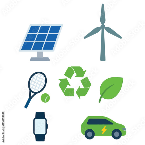 Eco and renewable energy icon set vector illustration with solar, wind, and green power symbols