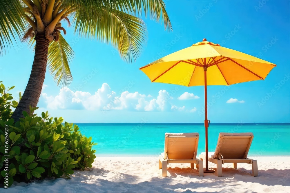 Fototapeta premium A tranquil scene featuring a colorful umbrella providing shade on a sunny day, perfect for relaxation and leisure Ideal for vacation, travel, summer, and wellbeing imagery , garden, poolside, bright