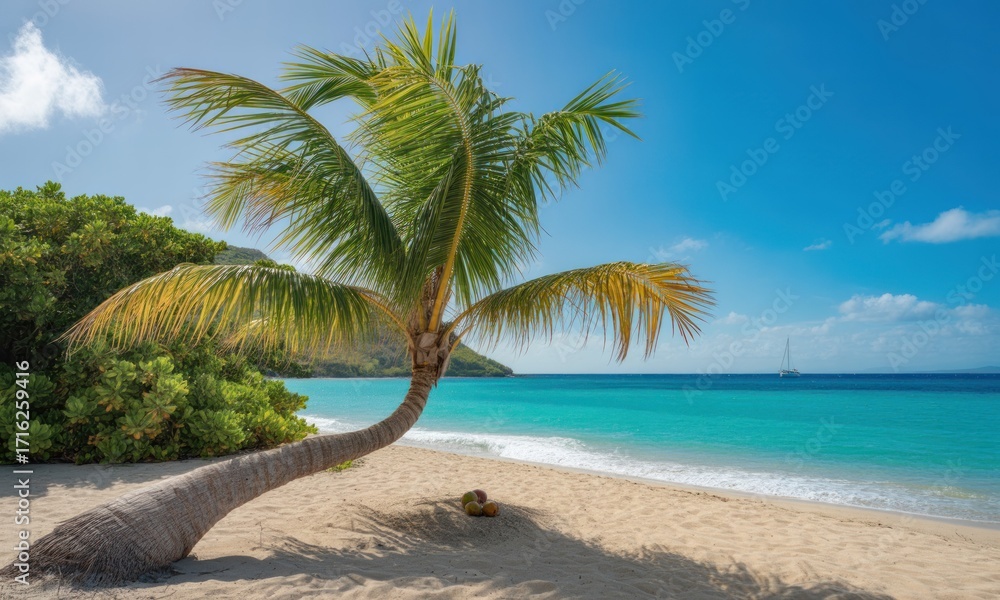 Fototapeta premium Tropical beach scene with a leaning palm tree