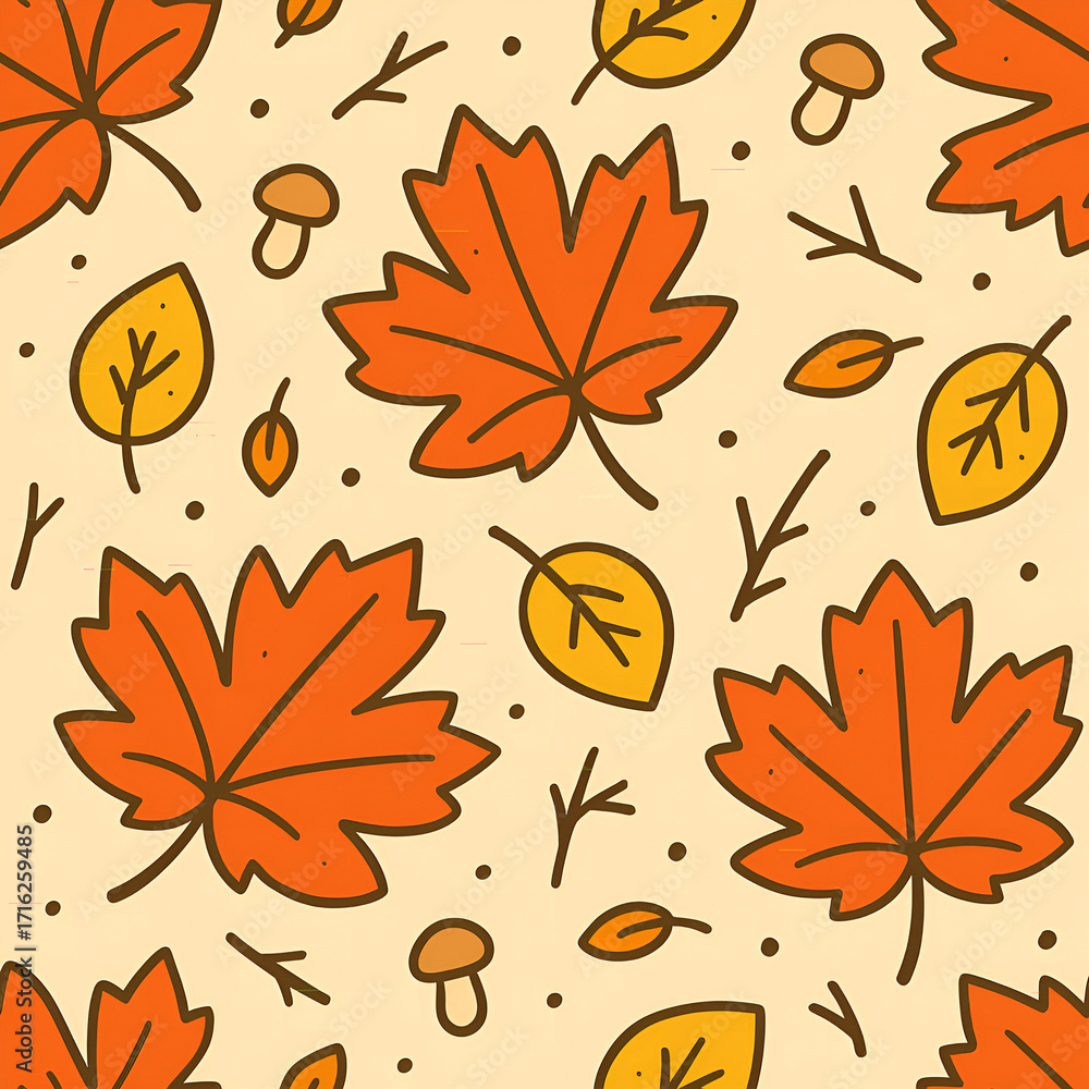 Naklejka premium Cute Handdrawn Autumn Maple Leaf Seamless Pattern on Beige Background