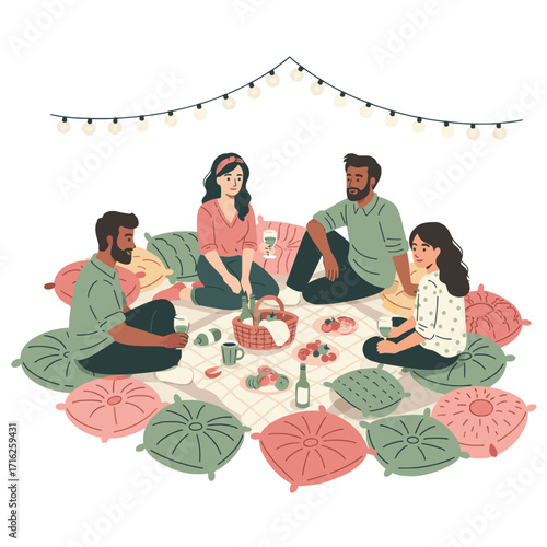 Friends Enjoying Picnic Outdoors A Cozy Gathering with Food and Drinks