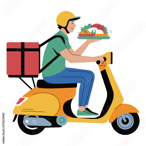 Food delivery vector illustration with courier, scooter, and online order concept