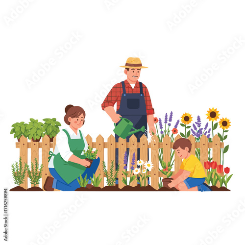 A loving family with a mother, father, and son happily gardening together, planting flowers in their sunlit backyard