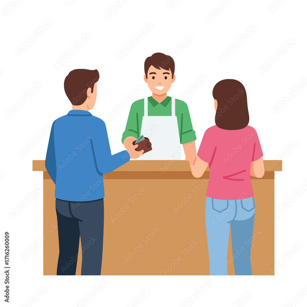 Obraz premium Purchasing Dessert Customer Buying Sweet Treat from Smiling Vendor at Counter