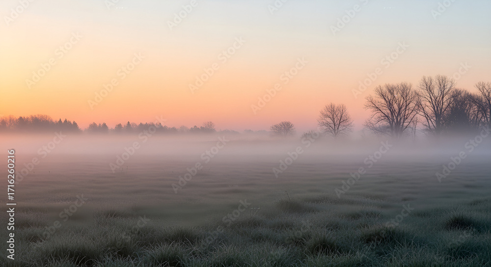 Fototapeta premium Serene Atmospheric Rural Landscape Scenery with Foggy Sunrise in Meadow