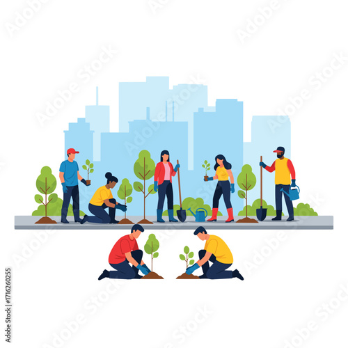 Community planting trees in urban setting with cityscape background