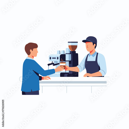 Barista Serving Coffee to Customer at Counter with Espresso Machine