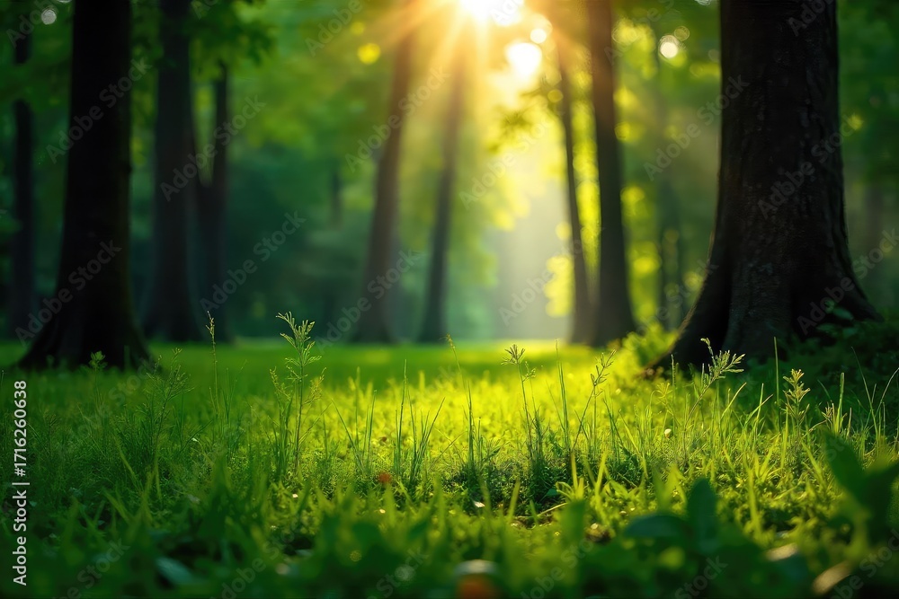 Fototapeta premium Sun-dappled forest floor carpeted with vibrant green grass, dappled sunlight filtering through the trees, creating a tranquil, natural scene , bright, growth, rural