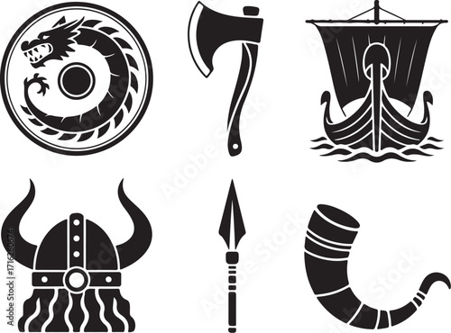 Viking icons: shield, axe, ship, helmet, spear, horn