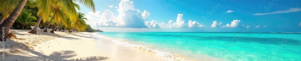 Obraz premium Sun-drenched beach scene with vibrant turquoise water, fluffy white clouds, and golden sand Perfect for travel, vacation, and summer promotional materials , freedom, idyllic
