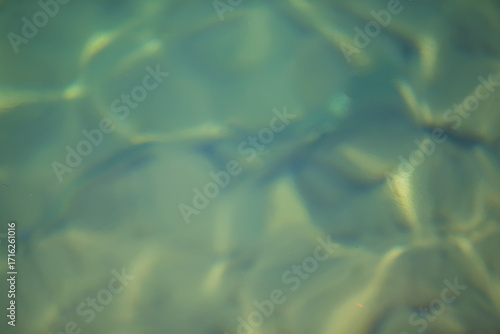 A blurry image of water with a greenish tint. The water appears to be rippling and has a hazy quality