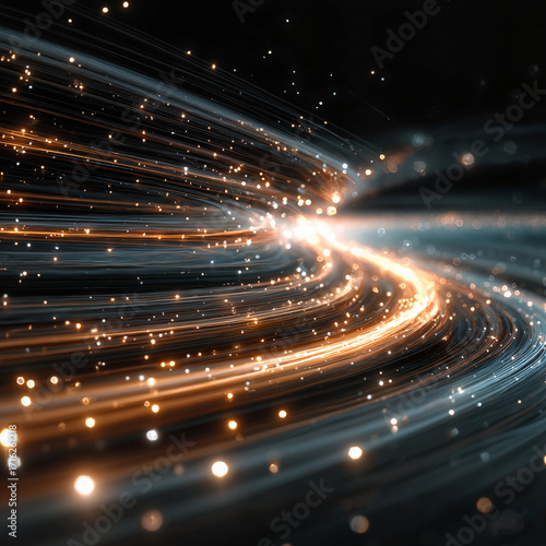 Dynamic light trails with glowing particles on dark background, futuristic motion photo for technology presentation or web interface
