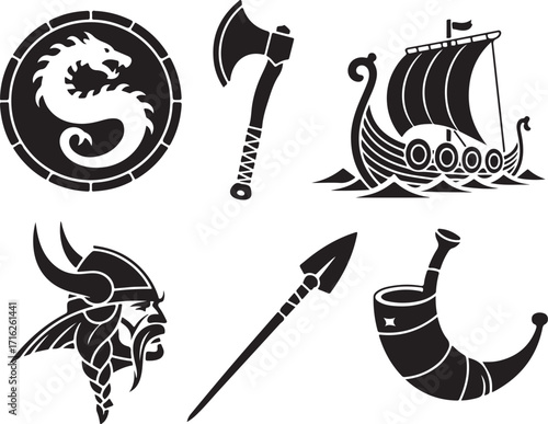 Viking warrior symbols ship axe shield spear horn power