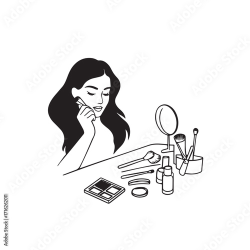 Black and white line art of a beautiful woman doing makeup at dressing table with mirror illustration
