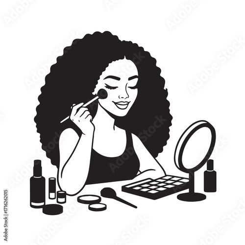 Black and white line art of a beautiful woman doing makeup at dressing table with mirror illustration
