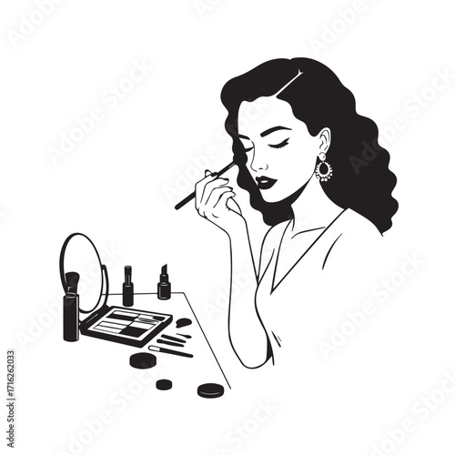 Black and white line art of a beautiful woman doing makeup at dressing table with mirror illustration

