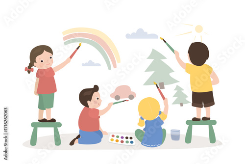 Cute little kids draws with paints various pictures. Happy children in nature having fun. Caucasian students artist paints with watercolors. Education, art, teamwork.