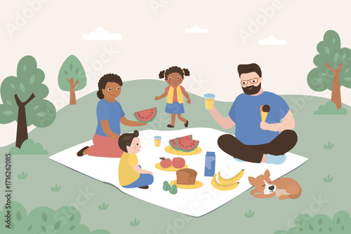 Happy multiethnic family having a picnic in the park or forest. Dad, mom, son, daughter are resting together in nature. Parents and kids spending time together.