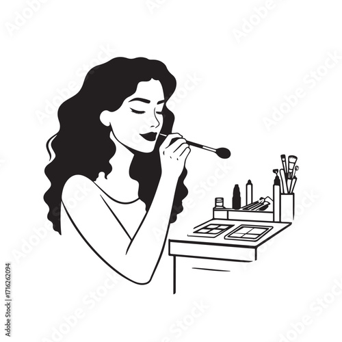 Black and white line art of a beautiful woman doing makeup at dressing table with mirror illustration
