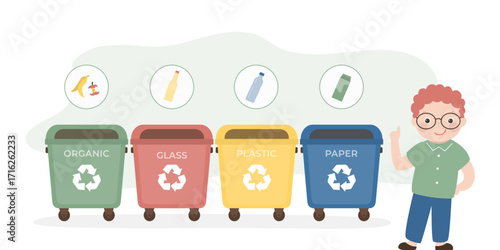Young boy throwing garbage in recycle bins. Waste management, recycling. Trash sorting. Male character near colorful trash cans. Eco friendly, concept.
