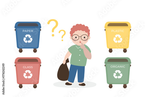 Εκτύπωση καμβά Young boy does not know which recycle bin to throw the trash in