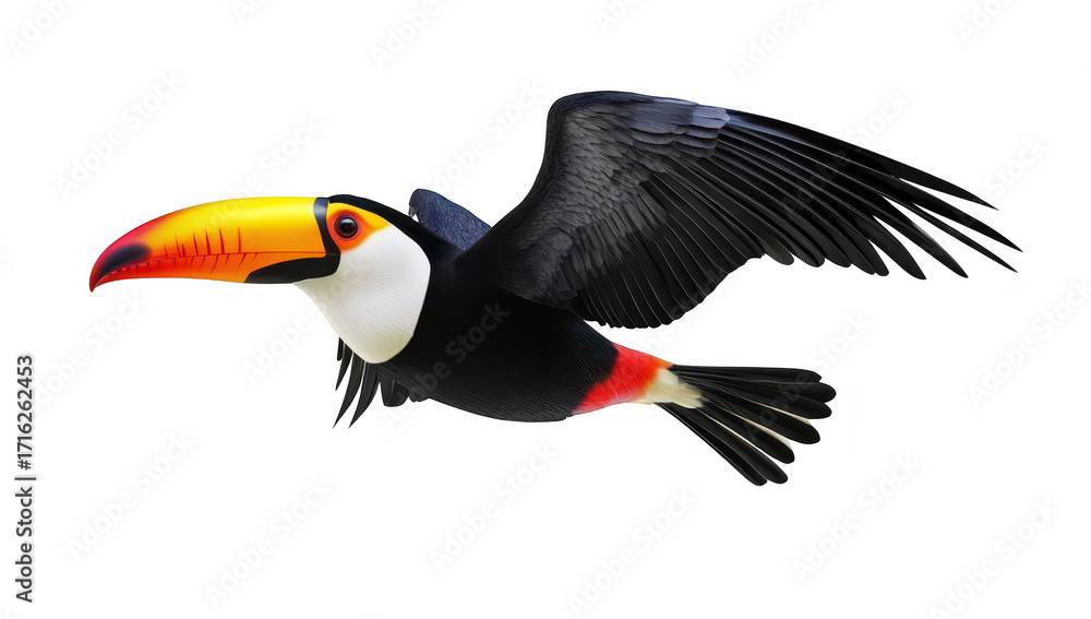 Naklejka premium A toucan in mid-flight. its colorful beak and feathers against a clean white background. perfect for nature-related projects or wildlife education