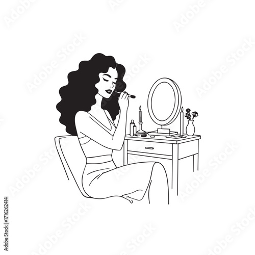 Black and white line art of a beautiful woman doing makeup at dressing table with mirror illustration
