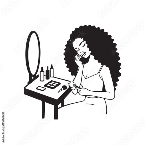 Black and white line art of a beautiful woman doing makeup at dressing table with mirror illustration
