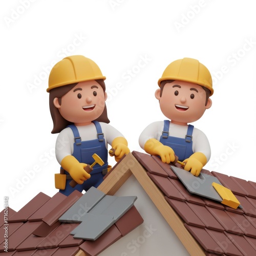 Cartoon workers repairing a roof with tools and helmets  