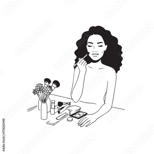 Black and white line art of a beautiful woman doing makeup at dressing table with mirror illustration
