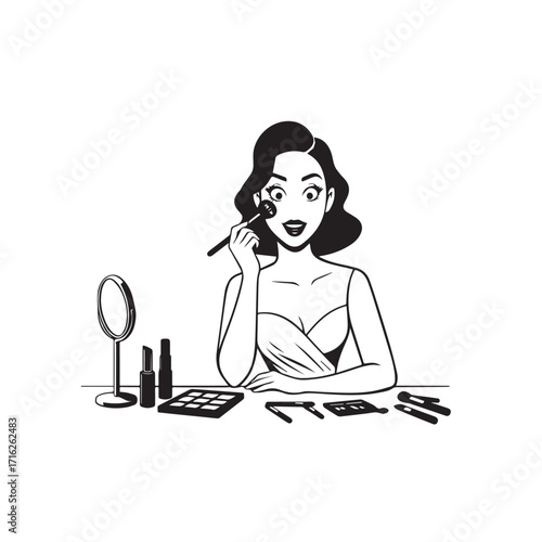Black and white line art of a beautiful woman doing makeup at dressing table with mirror illustration
