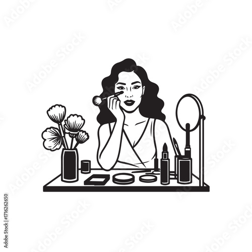Black and white line art of a beautiful woman doing makeup at dressing table with mirror illustration

