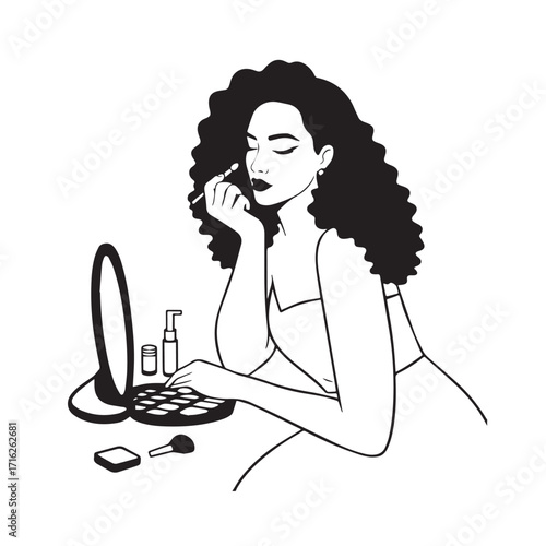 Black and white line art of a beautiful woman doing makeup at dressing table with mirror illustration
