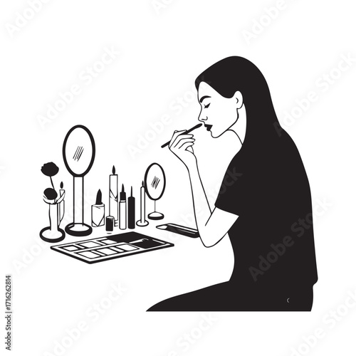 Black and white line art of a beautiful woman doing makeup at dressing table with mirror illustration
