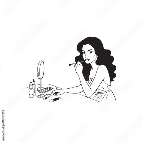 Black and white line art of a beautiful woman doing makeup at dressing table with mirror illustration
