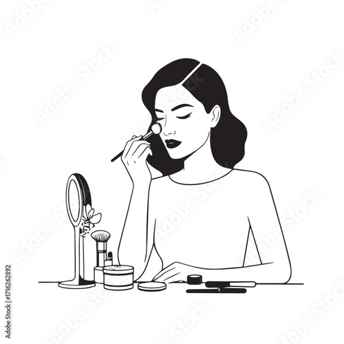 Black and white line art of a beautiful woman doing makeup at dressing table with mirror illustration
