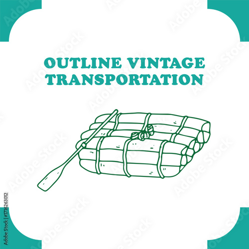 Hand drawn outline of a vintage wooden raft with paddle.