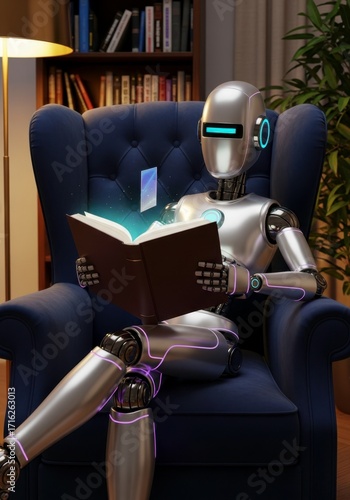 Futuristic humanoid robot calmly reading book in cozy library chair.
