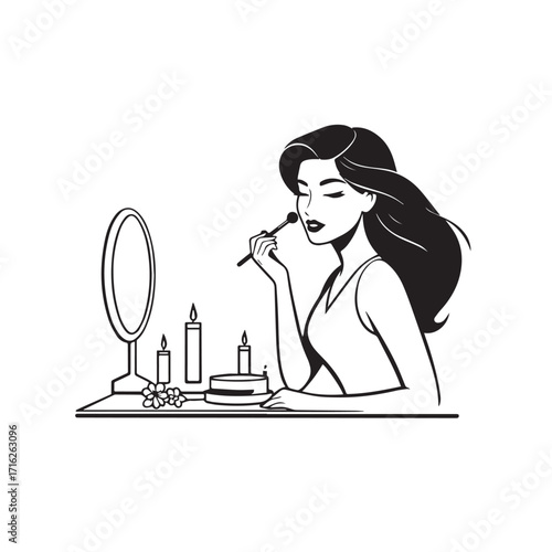 Black and white line art of a beautiful woman doing makeup at dressing table with mirror illustration
