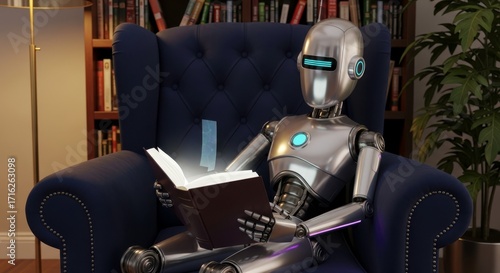 Futuristic humanoid robot calmly reading book in cozy library chair.