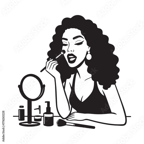 Black and white line art of a beautiful woman doing makeup at dressing table with mirror illustration

