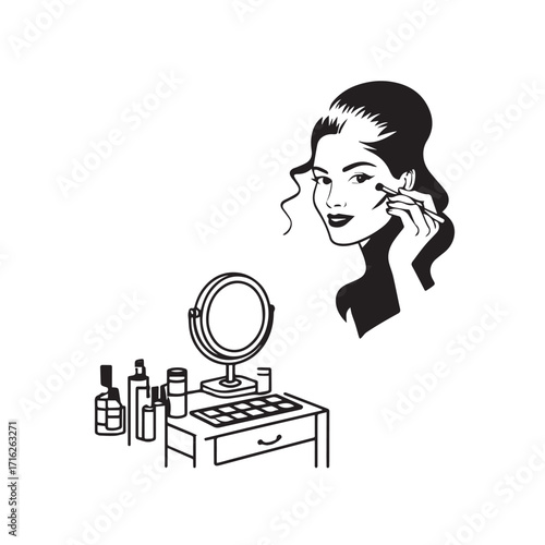 Black and white line art of a beautiful woman doing makeup at dressing table with mirror illustration
