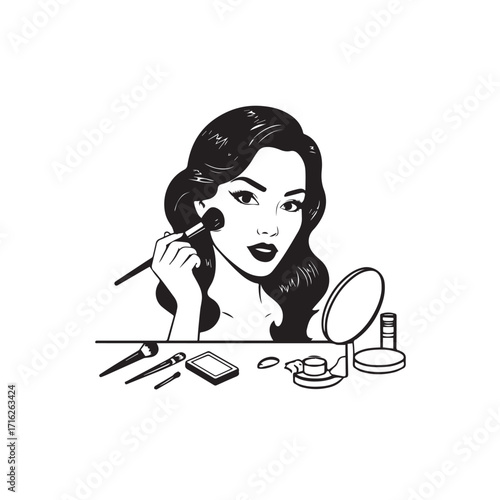 Black and white line art of a beautiful woman doing makeup at dressing table with mirror illustration

