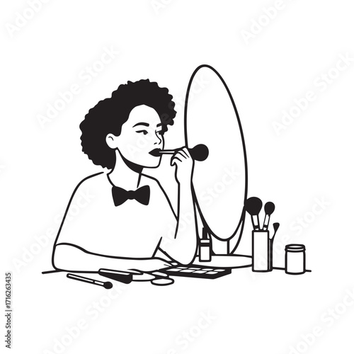 Black and white line art of a beautiful woman doing makeup at dressing table with mirror illustration
