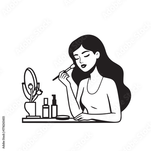 Black and white line art of a beautiful woman doing makeup at dressing table with mirror illustration
