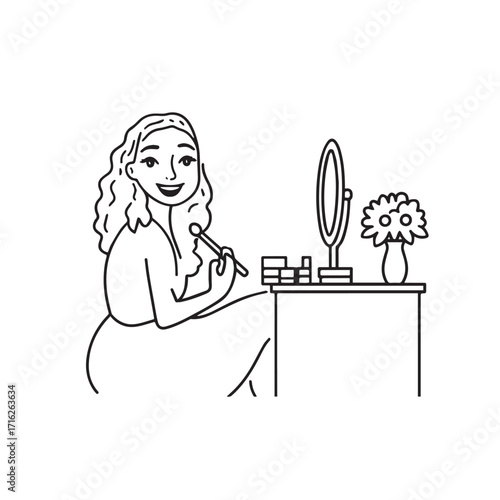 Black and white line art of a beautiful woman doing makeup at dressing table with mirror illustration

