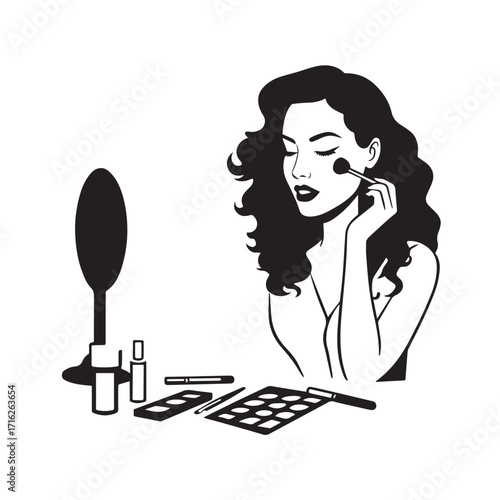 Black and white line art of a beautiful woman doing makeup at dressing table with mirror illustration
